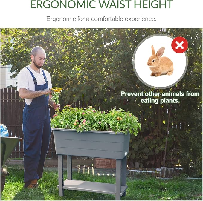 Aoodor 30'' × 14'' × 29'' Elevated Raised Planter Box with Legs, Storage Space, Plastic Drainage Plug & Water Level Indicator for Vegetables Flowers Herbs Outdoor, Gray, Set of 3