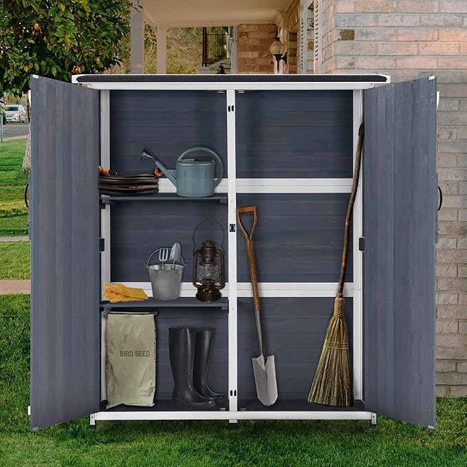 MCombo Outdoor Storage Cabinet with Shelves, Wood Garden Shed with Floor, Outside Tool Shed with 2 Lockable Doors for Backyard Patio Lawn, 1400 (Gray)