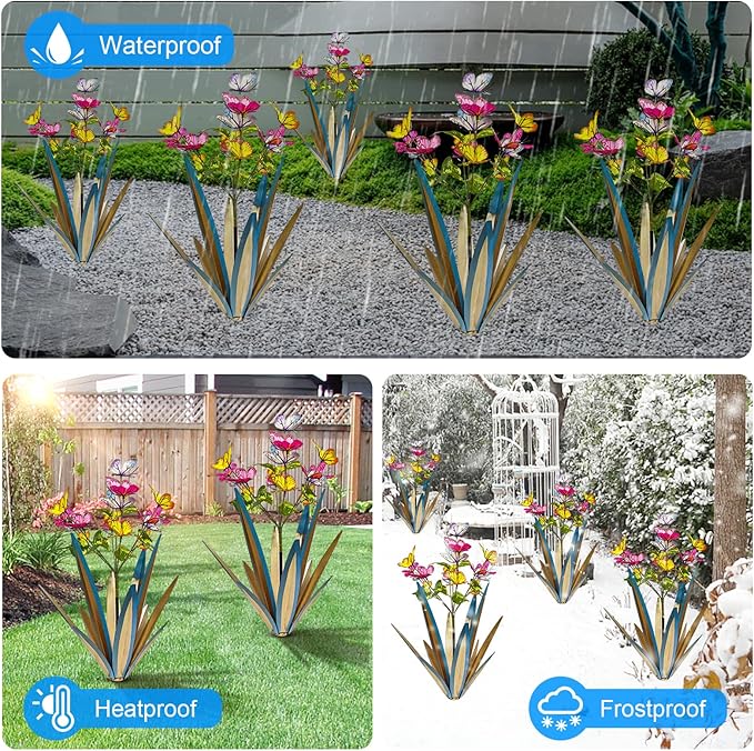 TOMBABY Garden Outdoor Butterfly Enlarge Thickened Wind Resistant Metal Agave Garden Art Metal Plant Country Sculpture Statue Decorations Ornaments Artificial Waterproof Butterflies (Blue 3pcs)