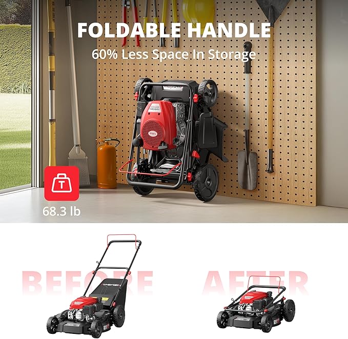 21-Inch 3-in-1 Gas Push Lawn Mower with 144cc 4-Stroke OHV Engine, 6-Position Adjustable Cutting Height, Large 1.4 Bushel Grass Catcher, Side Discharge & Mulching, Lightweight Easy Storage