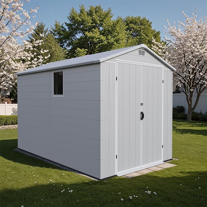 Patiowell 6 x 10 FT Plastic Outdoor Storage Shed with Floor, Resin Outside Tool Shed with Two Windows and Lockable Door for Garden, Backyard, Tool Storage Use, Easy to Install, Light Grey