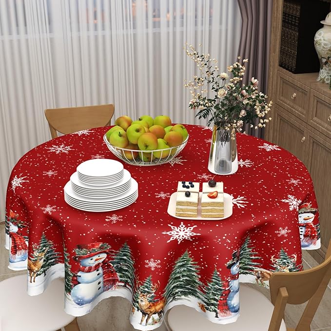 Giwawa Christmas Red Round Tablecloth 60 Inch Snowman Winter Snowflake Reindeer Decorative Table Cloth Polyester Fabric Washable Table Cover for Holiday Family Gathering Dining Party
