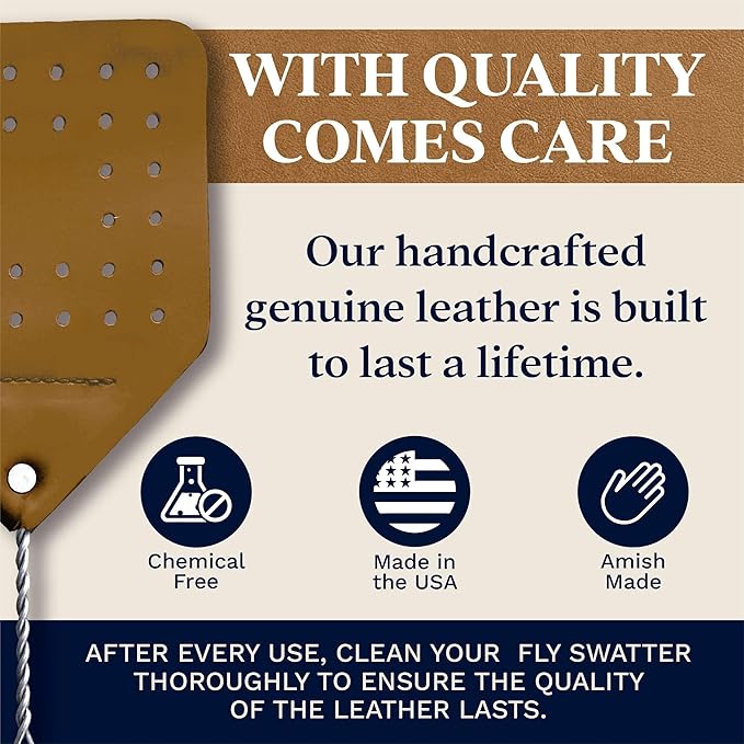 Leather Fly Swatter Set (2 Pack) – 17” Amish-Made Fly Swat w/Real Leather Paddle – Fly Swatters Multi Pack w/Metal Handle – Bug Swatter, Mosquito Swatter, Wasp Swatter (Brown)