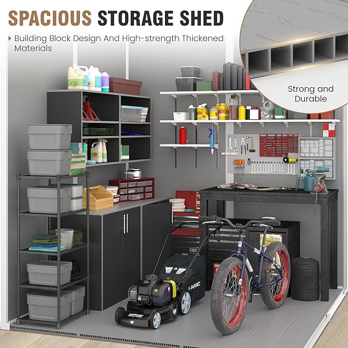 Outdoor Storage Shed, 6x6 FT Resin Shed with Floor and Lockable Door, Window & Vents, Tool Sheds & Outdoor Storage for Bike, Tools, Garden Accessories, Waterproof Grey White