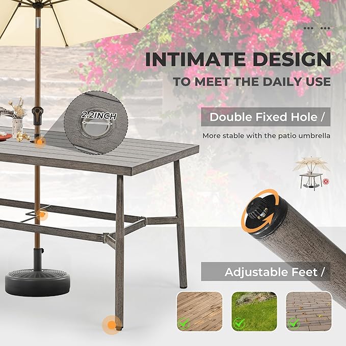 HAPPATIO 7-Piece Outdoor Dining Set for 6, Aluminum Patio Dining Set Includes 6 Dining Chairs and 1 Large Rectangular Table with Umbrella Hole, Patio Furniture Set for Lawn, Porch, Backyard, Grey