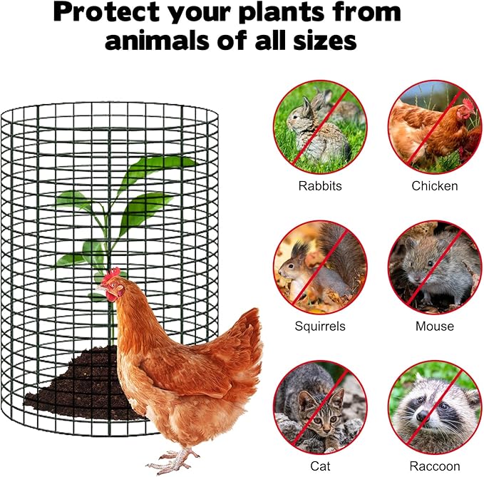 20 Pack 12" H X 4" D Wire Small Plant Protector from Animals, 20 Pcs Small Metal Plant Cage Chicken Wire Cloche with Ground Stakes and Nylon Tie to Keep Animals Out Garden Protection