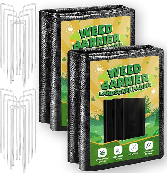 3FT x 100FT Weed Barrier Landscape Fabric Heavy Duty, 3.2oz Premium Gardening Weed Control Mat with 30 U-Shaped Securing Pegs, Ground Cover for Gardening, Farming, Raised Bed（2 Packs 3x50FT）