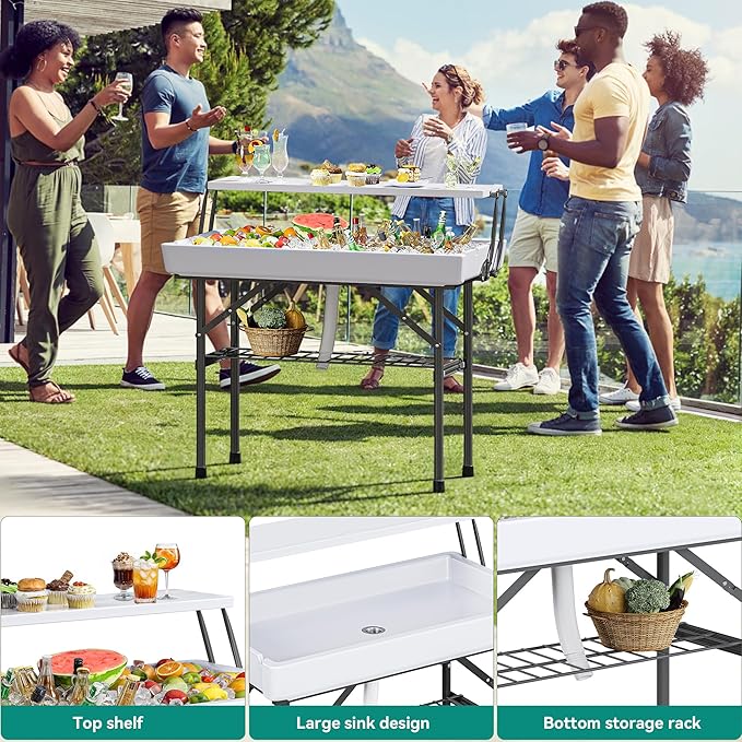 YITAHOME Two-Tier Ice Table, 4FT Folding Ice Cooler Table with Drain and Detachable Skirt, Portable Ice Table for Parties, Picnics, Camping, Weddings, BBQs