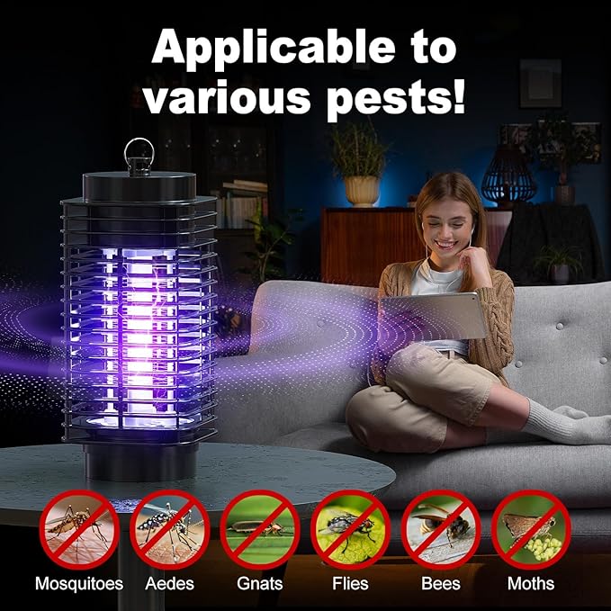 Bug Zapper, Electric Mosquito & Fly Zappers/Killer - Insect Attractant Trap Powerful Bug Zapper Light, Hangable Mosquito Lamp for Home, Indoor, Outdoor, Patio (Black)