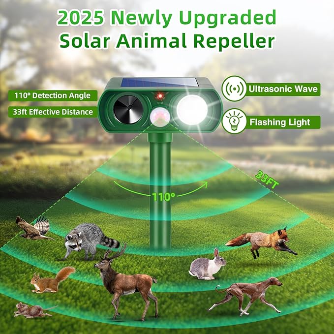 4 Pack Squirrel Fortress Pro Solar Animal Repellent Ultrasonic Outdoor, Deer Repellent Devices with Motion Sensor & Flash Lights, Waterproof Raccoon Cat Dog Skunk Rabbit Deterrent for Yard Farm