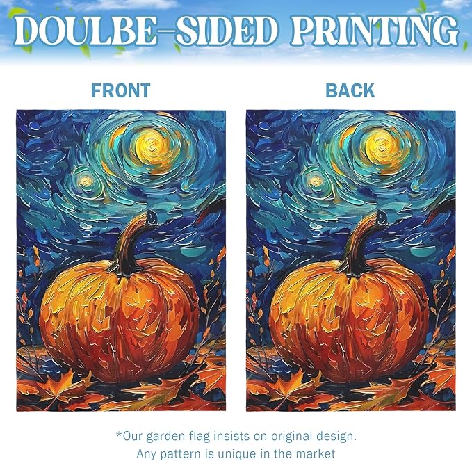 Fall Garden Flag Pumpkin Maple Leaf Yard Flags Van Gogh Wall Banners Art Starry Night Sky Moon Garden Flags Autumn Harvest Thanksgiving House Banner for Patio Farmhouse Outdoor 28 x 40 Inch