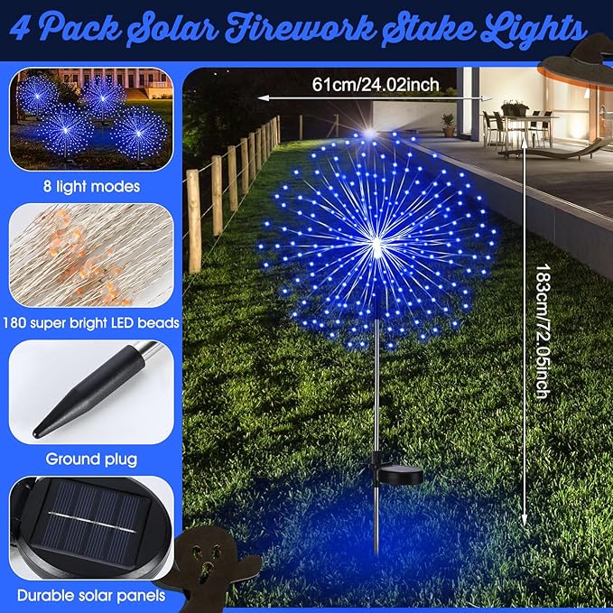 4 Pcs Halloween Solar Lights Outdoor Christmas Firework Light 180 LEDs 8 Modes Waterproof Sparkler Yard Decoration Stake Landscape Decorative for Garden Driveway Walkway Pathway Lawn (Blue)