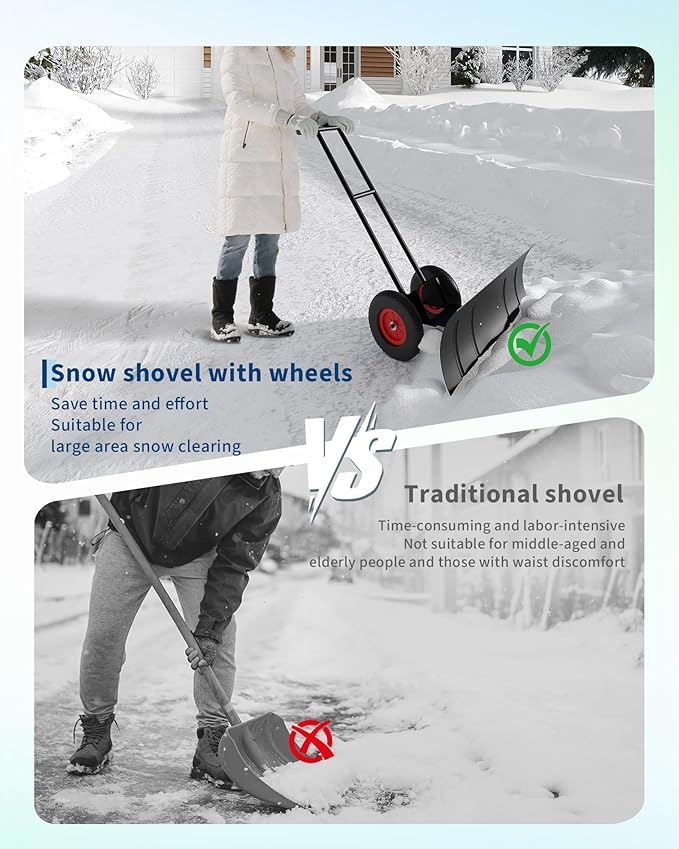 Snow Shovel, Garvee 40 Inch Heavy Duty Snow Pusher for Driveway with Adjustable Handle and Angled Blade, Efficient Snow Shovel with Wheels, Snow Pusher for Doorway, Sidewalk, Deck