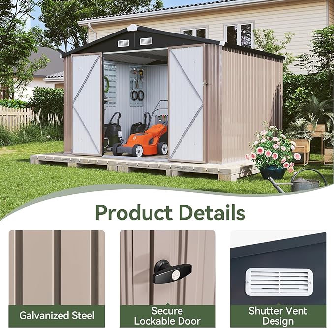 Aoxun 9.5x7.5 FT Shed with 4 Pegboards and 50 Hooks Outdoor Waterproof Storage Shed Steel Utility Garden Tool Shed with Door & Lock Outdoor Storage for Garden Patio Lawn Poolside, Brown
