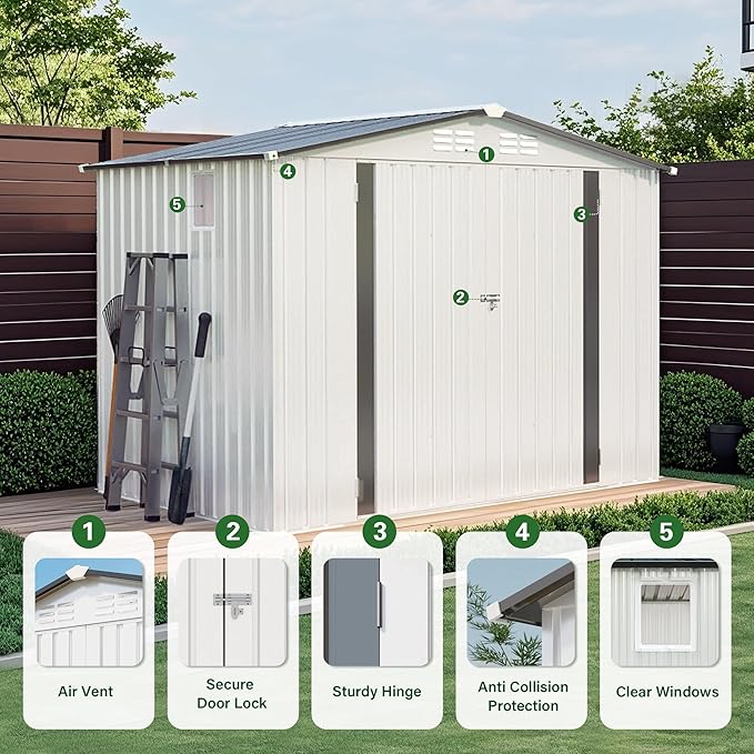 8x6 FT Outdoor Storage Shed with Windows, Metal Sheds & Outdoor Storage with Lockable Door and 4 Vents, Outside Storage Shed Waterproof for Backyard, Patio, White+Gray