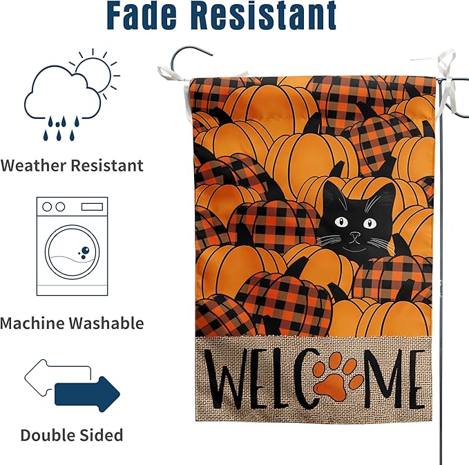 Black Cat Fall Garden Flag Pumpkin Autumn Yard Sign Thanksgiving Outdoor Decorations Porch Farmhouse Halloween Funny Banner for Outside 12x18 Double Sided Small
