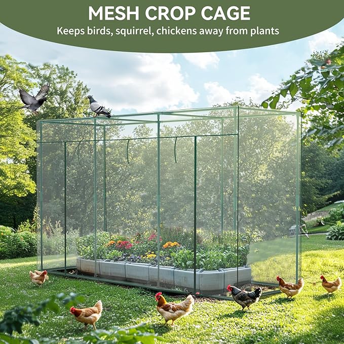 Crop Cages for Garden Plant, 9.8x3.3x6 Ft Plant Protection Tent with Zippered Door, Raised Bed Cover, Garden Bed Cover with Frame, Wind-Resistant Plant Cages for Outdoor Plants Vegetable Flower