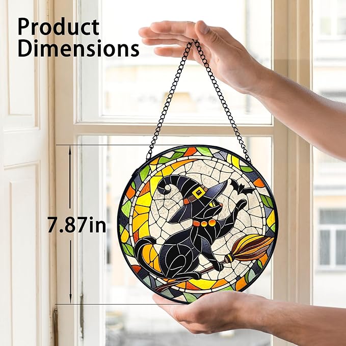 TNUW Halloween Black Cat Stained Glass Window Hanging, Gothic Witchy Black Cat Sun Catchers Indoor Window Glass Round Wall Art Decor, Halloween Wall Hanging Decorations, 7.9＂x7.9＂