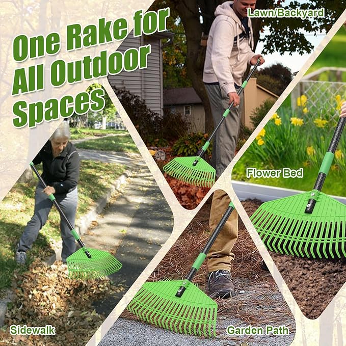 Plastic Leaf Rake with Adjustable 65'' Handle - Lightweight Outdoor Yard Rakes for Leaves,Grass & Pine Needle,Mulch,Gentle On Lawn Garden - Easy to Use for Women,Seniors & Kids