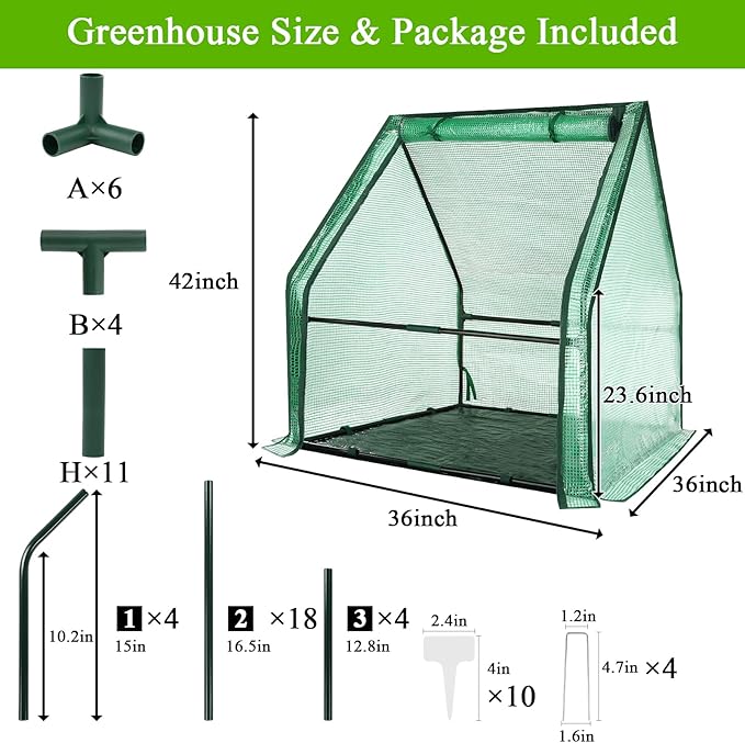 Ileading Small Greenhouse for Outdoor Indoor Portable Mini Garden Green House with Waterproof Pad, 4 Ground Stakes, 10 T-Shaped Plant Tags, Durable PE Plant Cover Tent, 36x36x42 Inch