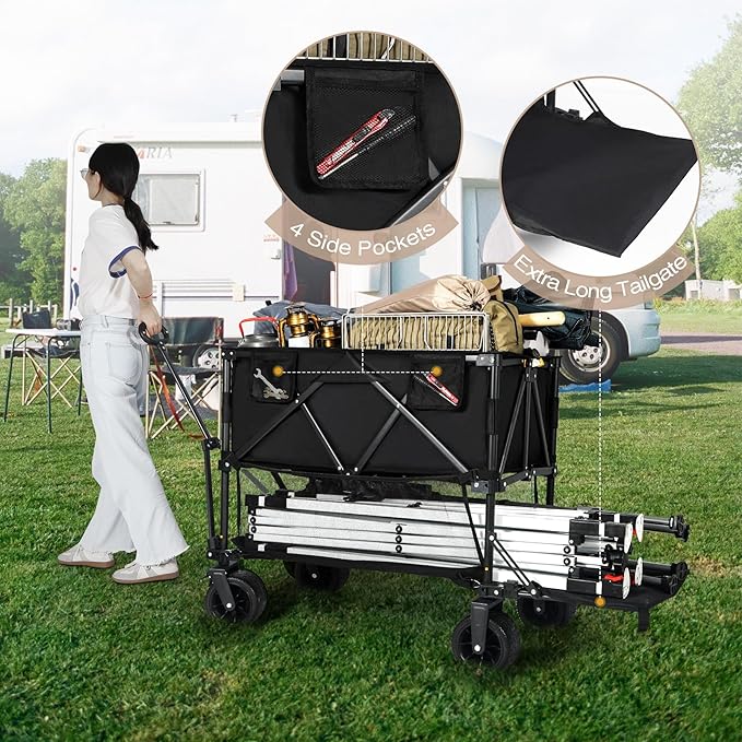 REDCAMP Large Collapsible Double Decker Wagon, 450lbs Heavy Duty 53" L Extra Long Extender Wagon Cart with All-Terrain Big Wheels for Camping, Shopping, Outdoor Sport