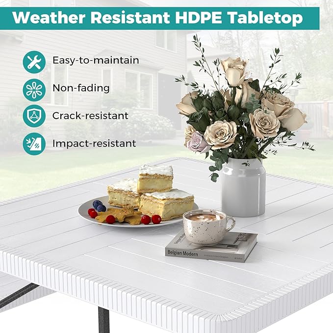Giantex Picnic Table Bench Set for 4-8 People, 34" Outdoor Square Dining Table & 2 Benches w/Umbrella Hole, HDPE Tabletop, Metal Frame, Patio Camping Furniture for Backyard Porch Lawn (White,Square)