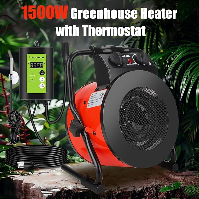 Greenhouse Heater with Digital Thermostat - 1500W Portable Outdoor Heaters for Patio, Fast Heating, Overheat Protection, Electric Space Heater for Greenhouse, Grow Tents, Patio, Red