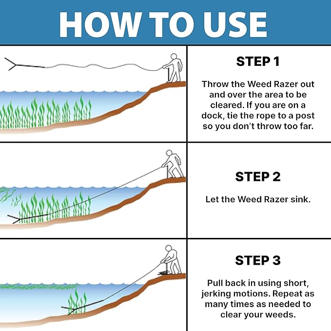 Jenlis The Original Weed Razer, Lake Weed Cutter, Large Pond Aquatic Plant Cutting Tool, Long and Sharp Razor Blades Shear Cattail, Reed, Lilly & Chara Algae, 48 Inch Cut Width, 25 Foot Throw Rope