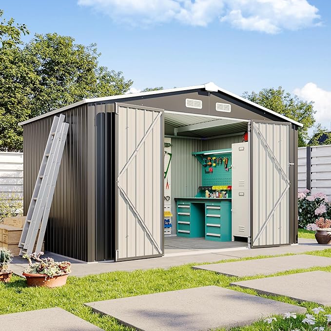 10x8 FT Metal Outdoor Storage Shed, Dual Doors with Lockable Bolts, Large Garden Shed for Yard Tools, Bike, Generator, Waterproof Galvanized Steel Panel with Vent & Sloping Roof