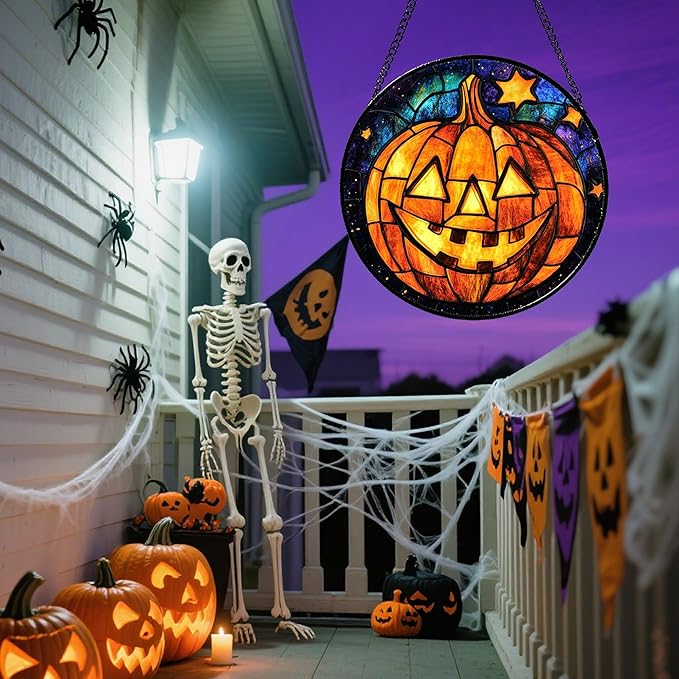 Stained Glass Window Hanging Halloween Horror Golden Pumpkin 7.8" - Suncatcher Door Garden Sunroom Gothic Style Sun Catcher Birthday for Friend Mom Men Woman Nana