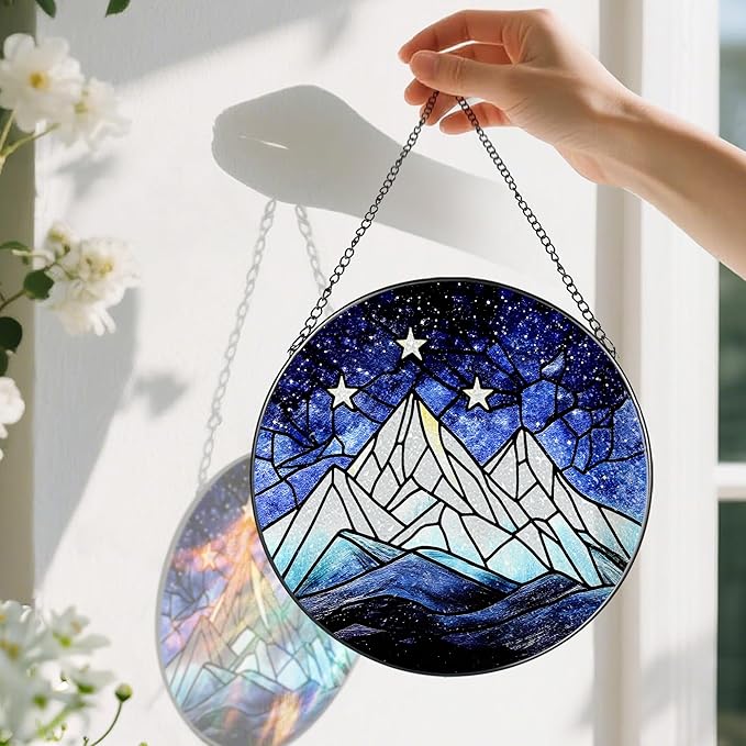 Stained Glass Window Hanging, Pauyadu 8 Inch Stained Glass Suncatcher Ornament, Night Court Window Decor, Suncatchers for Windows Hanging, Nature Lovers Gifts, Gifts for Friend, Lover