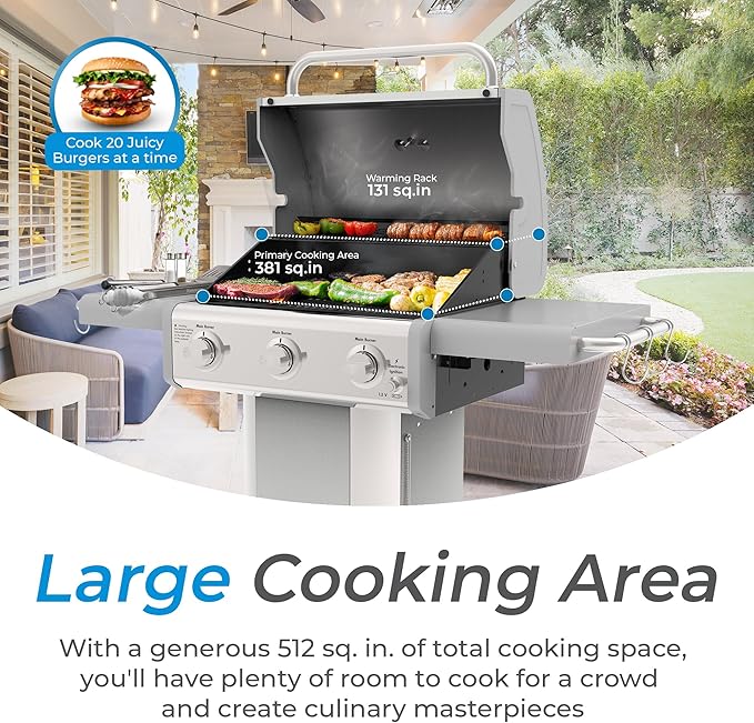 Kenmore 3-Burner Outdoor BBQ Grill | Liquid Propane Barbecue Gas Grill with Folding Sides, PG-A4030400LD-PE, Pedestal Grill with Wheels, 30000 BTU, Pearl White