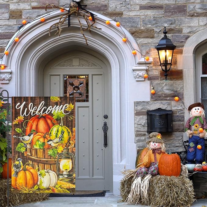 Fall Thanksgiving Pumpkins Bird Garden Flag,Blackout Halloween Autumn Harvest Latern Vertical Flag12x18 Double Sided, Welcome Patio Front Porch Yard Lawn Outdoor House Fall Decoration