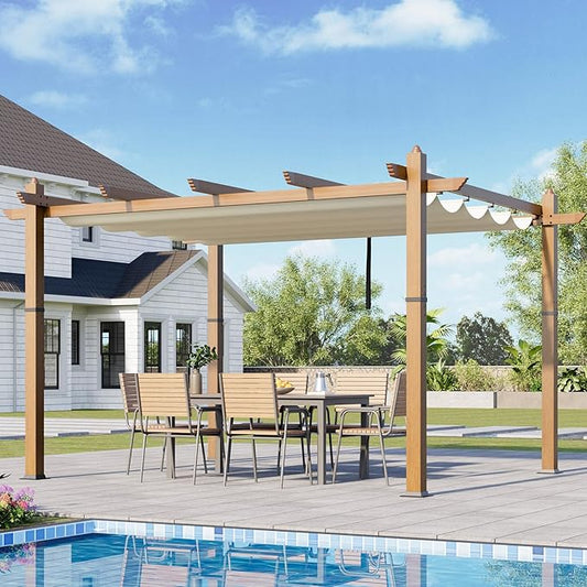10x13 Ft Outdoor Retractable Pergola with Adjustable Roof Modern Metal Patio Gazebo, Upgraded Faux Wood Grain Aluminum Pergola for Deck, Backyard Gardens, Porches, Grapevines, Beige