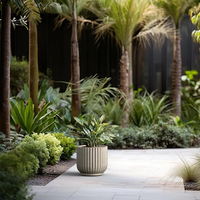 Kante Round Fulted Planter, 11 Inch Dia Large Concrete Plant Pots with Drainage Hole and Rubber Plug, Modern Decor for Indoor Outdoor Plants, Flower, Weathered Concrete