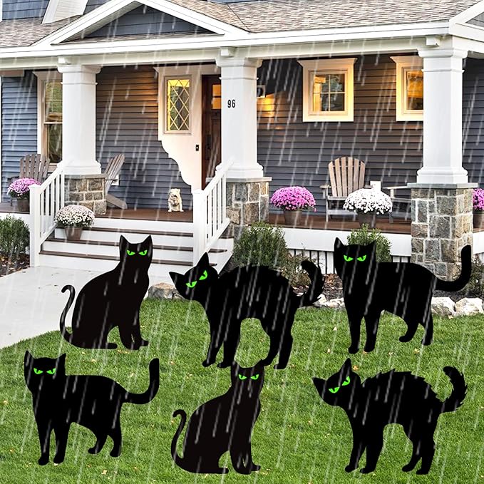 Halloween Decorations Outdoor 6 PCS Black Cat Yard Signs with Stakes Scary Silhouette with Glow in Eyes Waterproof for Yard Lawn Garden Indoor Home Halloween Decor