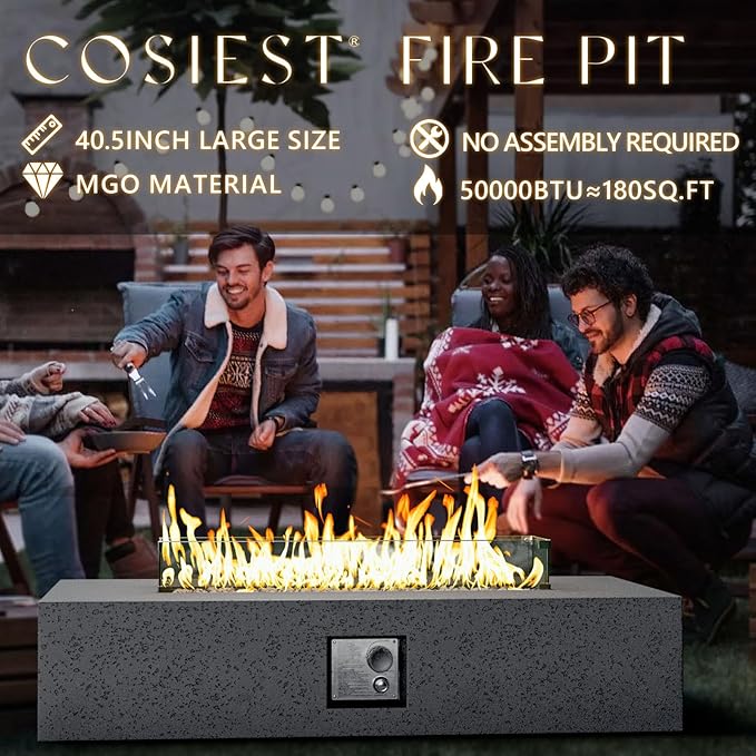 COSIEST 56 x 28 inch Outdoor Propane Fire Pit Coffee Table w Concrete Rectangle Base, CSA Certified, 50,000 BTU, Free Lava Rocks and RainCover, Fits 20lb Tank Outside, Wind Guard, Tank Cover, Gray