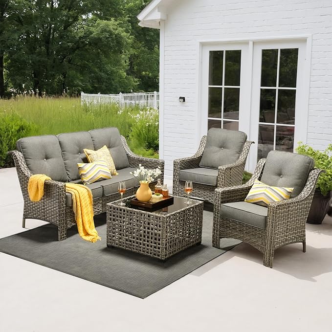4 Pieces Patio Outdoor Furniture Set,All Weather Wicker Rattan Patio Seating Sofa and Chair Set w/ 3-Seater Sofa and Glowing Coffee Table,Outdoor Conversation Sets for Deck Yard Garden,Dark Grey