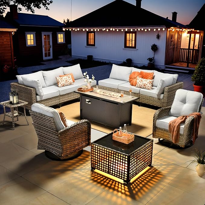 HOOOWOOO Outdoor Patio Furniture Set with Fire Pit Table,11 Pieces Wicker Out Door Sectional Furniture L Shaped Couch,Outside Patio Conversation Sets Swivel Chair,Light Gray