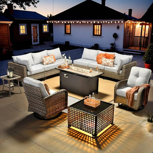HOOOWOOO Outdoor Patio Furniture Set with Fire Pit Table,11 Pieces Wicker Out Door Sectional Furniture L Shaped Couch,Outside Patio Conversation Sets Swivel Chair,Light Gray