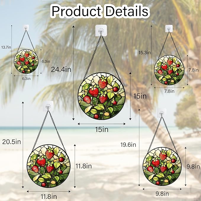Stained Glass Window Hanging - Red Strawberry Suncatcher for Doors Window Home Green Plant Sun Catchers Decor Christmas Mother's Day Birthday Gifts for Teacher Women Men Mom Nana 7.8 in
