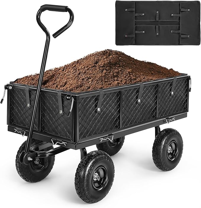 Garden Cart, Heavy Duty 880 Lbs Capacity Mesh Steel Garden Cart with Removable Sides to Convert into Flatbed, Utility Metal Wagon with 180° Rotating Handle and 10 in Tires, Black