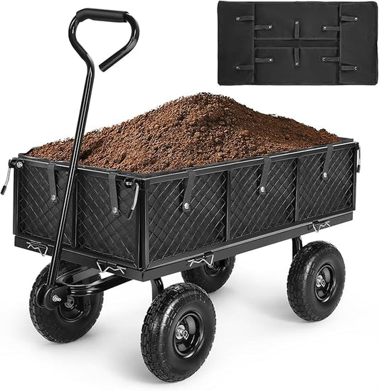 Garden Cart, Heavy Duty 880 Lbs Capacity Mesh Steel Garden Cart with Removable Sides to Convert into Flatbed, Utility Metal Wagon with 180° Rotating Handle and 10 in Tires, Black
