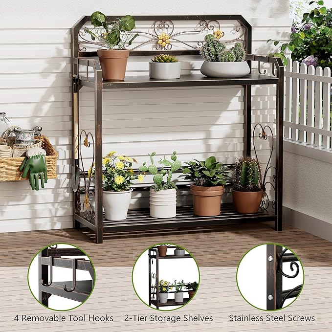 Potting Bench, Outdoor Potting Table with 4 Side Hooks, All-Weather Gardening Table Work Station, Outside Garden Workbench, 505lbs Capacity, 18" D x 39" W x 44" H, Distressed Vintage Black