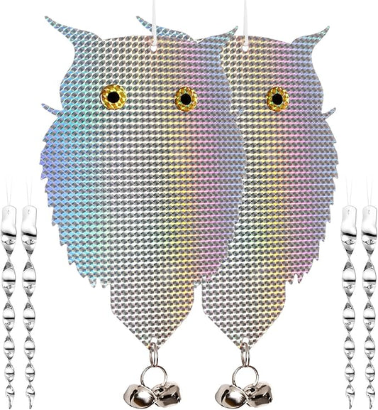 OFFO Owl Decoy 2 PCS with 4 Reflective Bird Scare Rods to Scare Birds Away Bird Device for Woodpecker Pigeon Plastic Hanging Outdoors Reflective Keep Birds Away Home and Garden