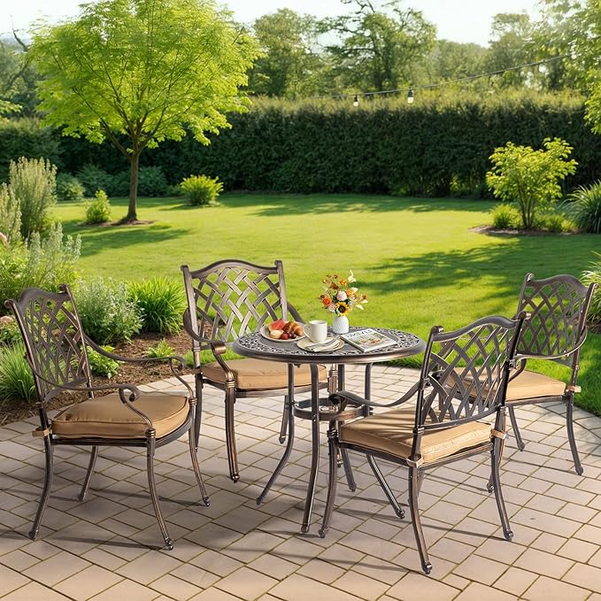 Outvita Outdoor Dining Table, Cast Aluminum Round Patio Bistro Table with Umbrella Hole Weather Resistant Aluminum for Balcony Poolside Garden Lawn