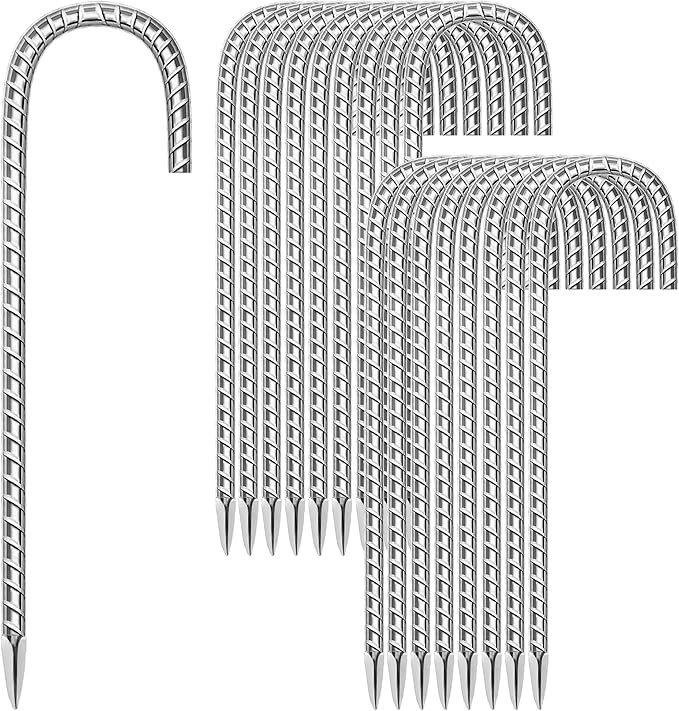 18 Pack Ground Garden Rebar Stakes Rebar 12 Inch Anti-Rust Galvanized Steel J Shape Hook Heavy Duty Ground Anchors for Tents, Position Kits,Fences, and Trampolines Landscape Fabric
