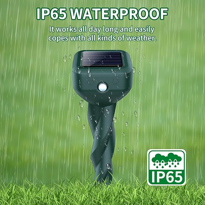 Mole Repellent Solar Powered, 4 Pack Snake Repellent for Yard, Waterproof Ultrasonic Deterrent Stakes, Get Rid for Rabbit, Gopher, Vole, Skunk, Chipmunk, Deer, Groundhog Sonic Spikes for Lawns Garden