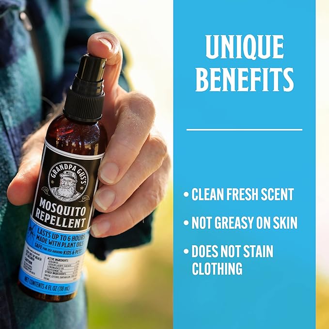 Grandpa Gus's Natural Mosquito Repellent Spray, Time-Release Plant-Based Actives, Non-Greasy, No Stains, DEET-Free, 4 oz (Pack of 2)
