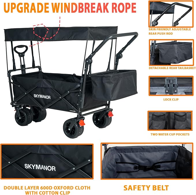 SKYMANOR Collapsible Wagon Folding Garden Cart with Removable Canopy Utility Wagon Cart with All-Terrain Wheels Brake Beach Cart for Sand Heavy Duty Beach Wagon for Camping Shopping (Black)
